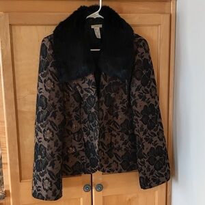 Vintage Cache bronze metallic brocade jacket w removable fur collar - 10